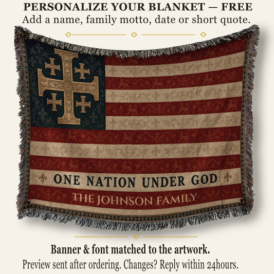 CalmNestStyle One Nation Under God Jerusalem Cross Flag Woven Blanket jacquard woven blanket