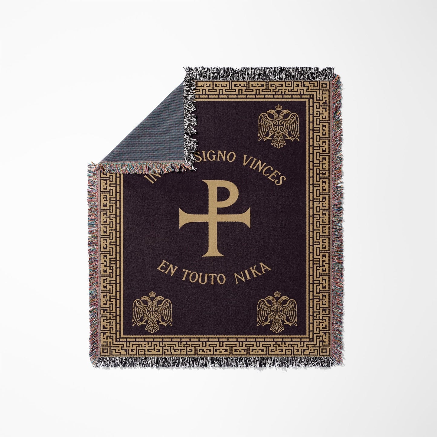 Dark brown woven throw blanket with gold "In Hoc Signo Vinces" and Byzantine eagles.