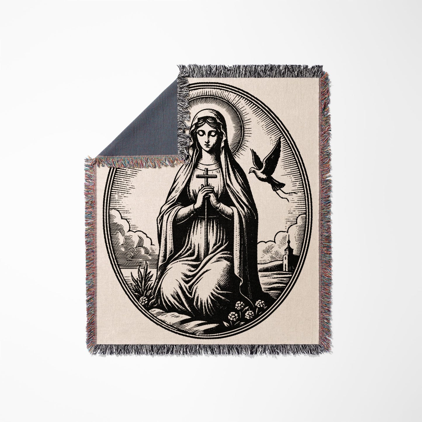 Virgin Mary kneeling with cross, halo, and dove, framed by clouds.