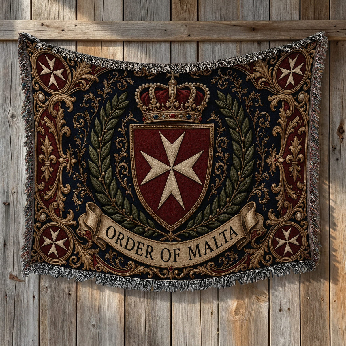 CalmNestStyle Order of Malta Crowned Crest Navy Laurel Woven Blanket jacquard woven blanket