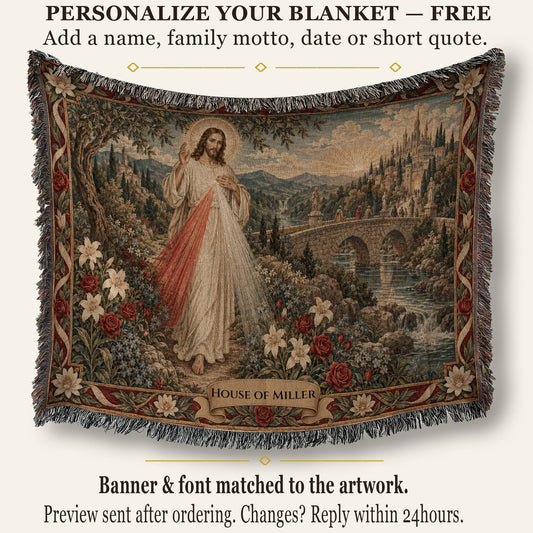 Customizable woven blanket featuring a religious tapestry design of Jesus and a stone bridge, with a personalized name banner.