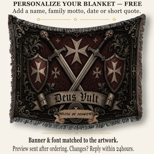 MyDesigns Medieval Wall Hanging – Deus Vult Crossed Swords Woven Blanket, Grey Frame jacquard woven blanket