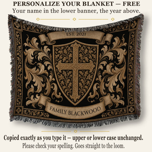MyDesigns Cross Shield Crest Woven Blanket I Name & Est. Date jacquard woven blanket