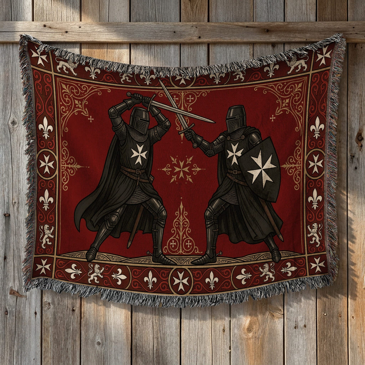 CalmNestStyle Hospitaller Knights Duel Cream Heraldic Border Woven Blanket jacquard woven blanket
