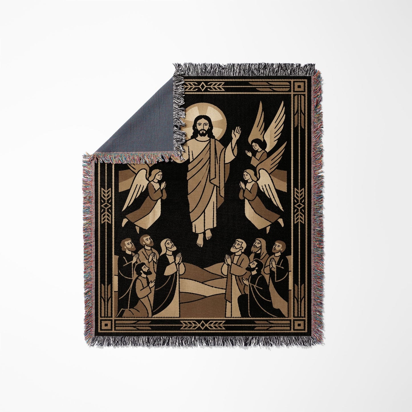 Jesus ascending with angels, surrounded by praying figures on a woven blanket.