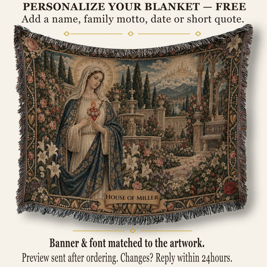 Fringed woven tapestry blanket depicting the Virgin Mary in a garden with a customizable name banner at the bottom.