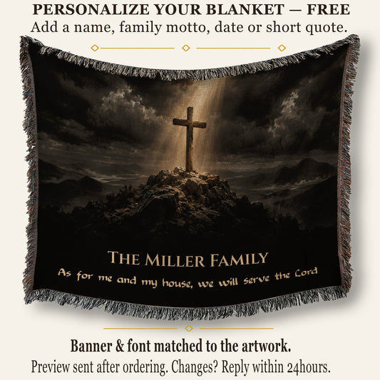 A black woven blanket features a wooden cross on a rocky hill beneath a cloudy sky, with custom text at the bottom.
