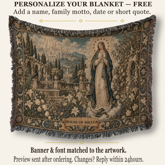 Woven tapestry throw blanket featuring a classic religious scene of a woman standing in a garden with a city and mountains in the background.