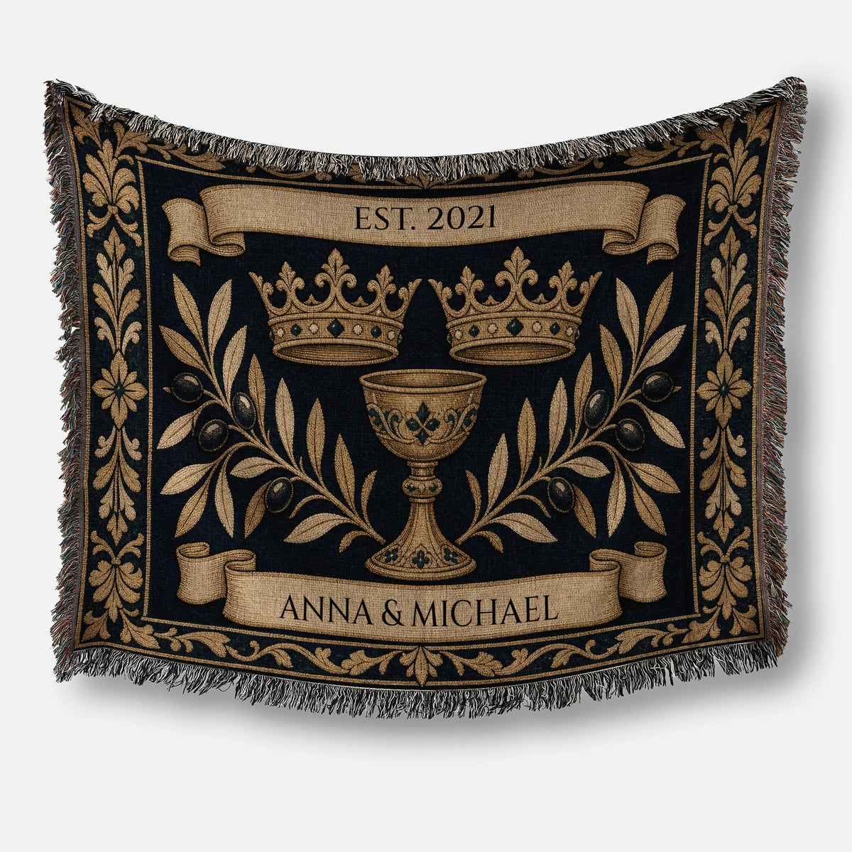 MyDesigns Crowns Chalice Woven Blanket I Name & Est. Date jacquard woven blanket