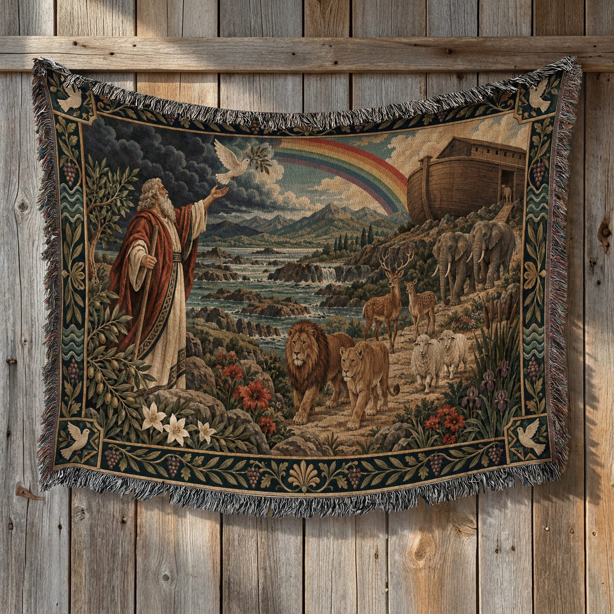 CalmNestStyle Noahs Ark with Rainbow and Dove jacquard woven blanket