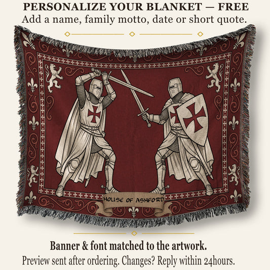 MyDesigns Medieval Knight Tapestry Blanket – Templar Knights Duel Woven Throw, Scrollwork jacquard woven blanket