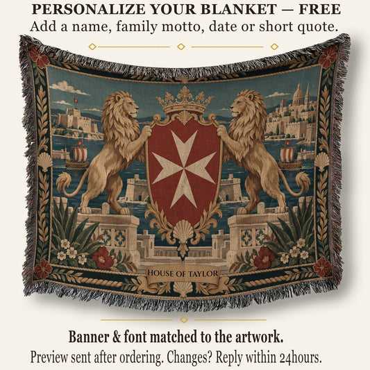 CalmNestStyle Golden Lions Crowned Shield over Valletta Woven Blanket jacquard woven blanket
