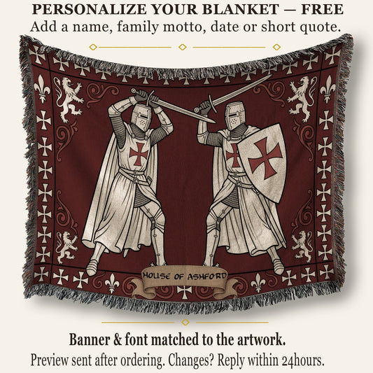 MyDesigns Medieval Tapestry Blanket – Knights Templar Duel Woven Throw, White Cross Border jacquard woven blanket
