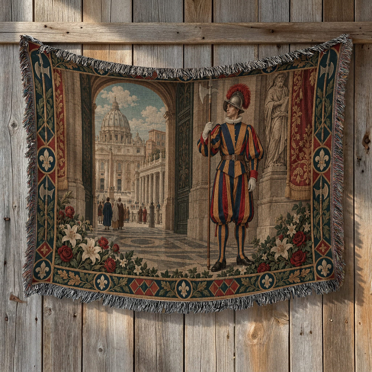 A woven tapestry depicting a Swiss Guard holding a halberd before St. Peter's Basilica.