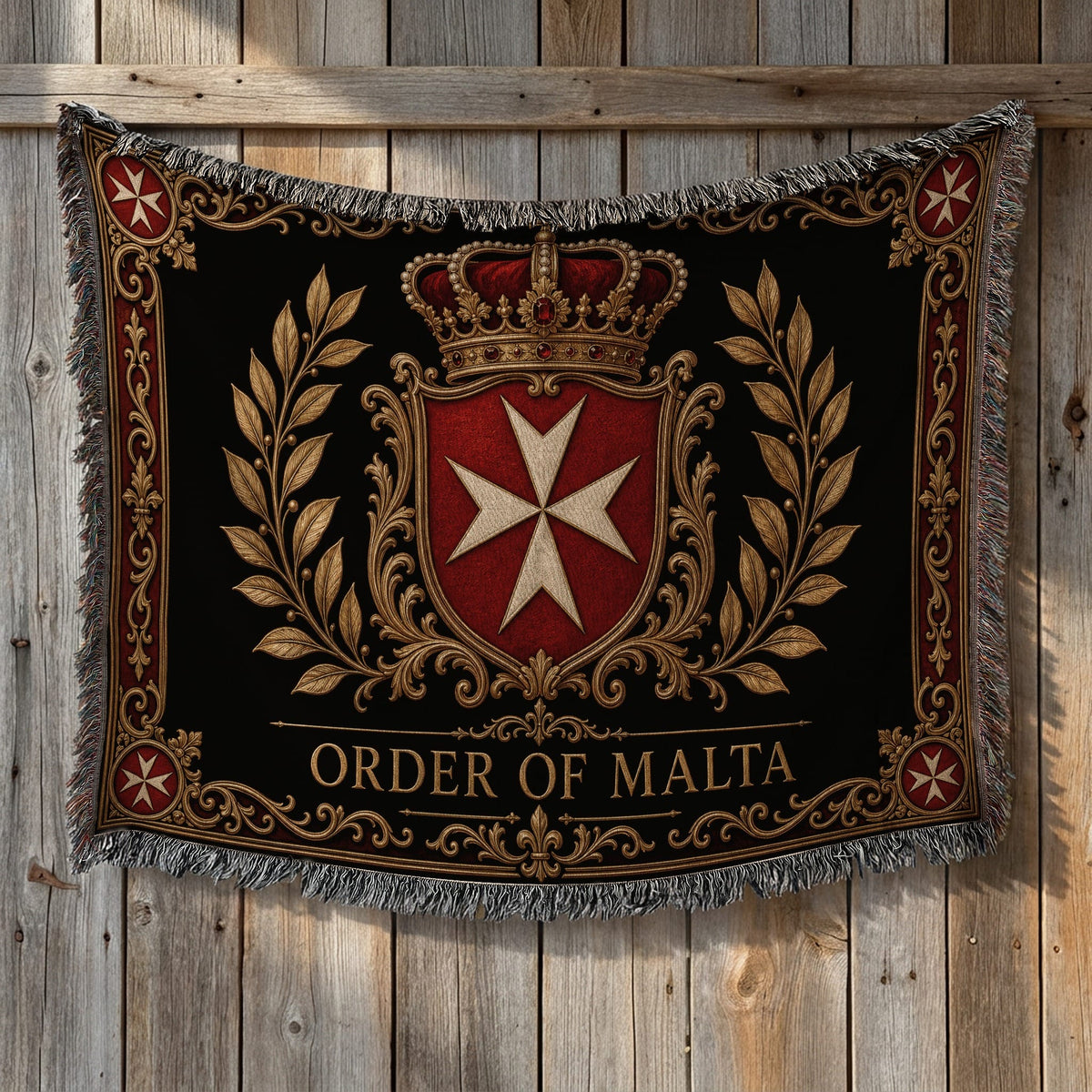 CalmNestStyle Order of Malta Crown and Laurel Black Gold Woven Blanket jacquard woven blanket