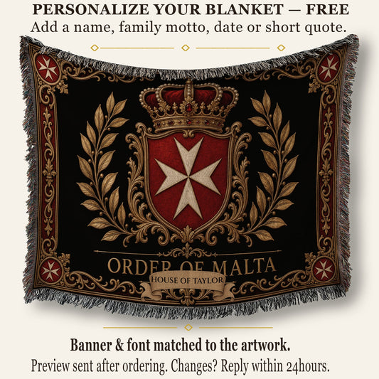 CalmNestStyle Order of Malta Crown and Laurel Black Gold Woven Blanket jacquard woven blanket