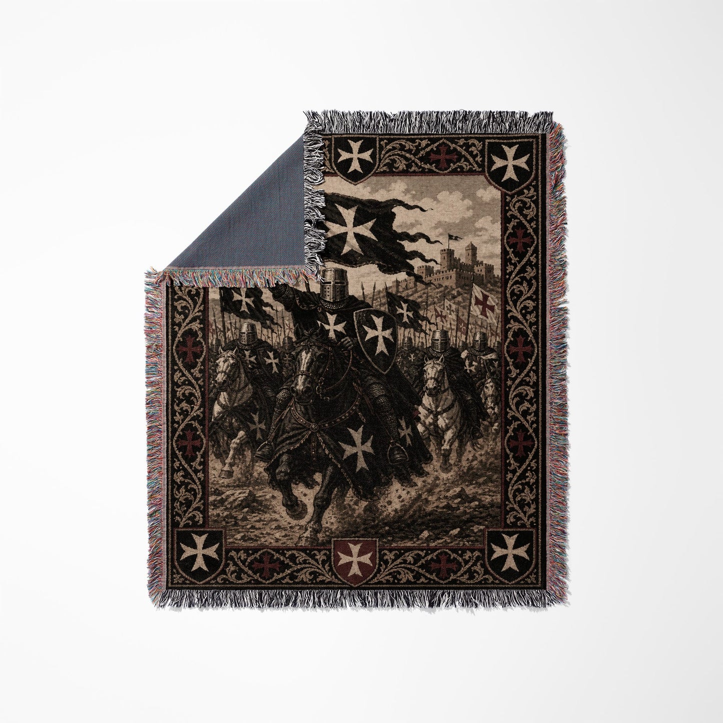 Tapestry with medieval knights on horseback charging into battle.