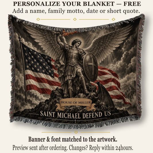 Fringed woven blanket featuring Saint Michael with an American flag and the phrase Saint Michael Defend Us.