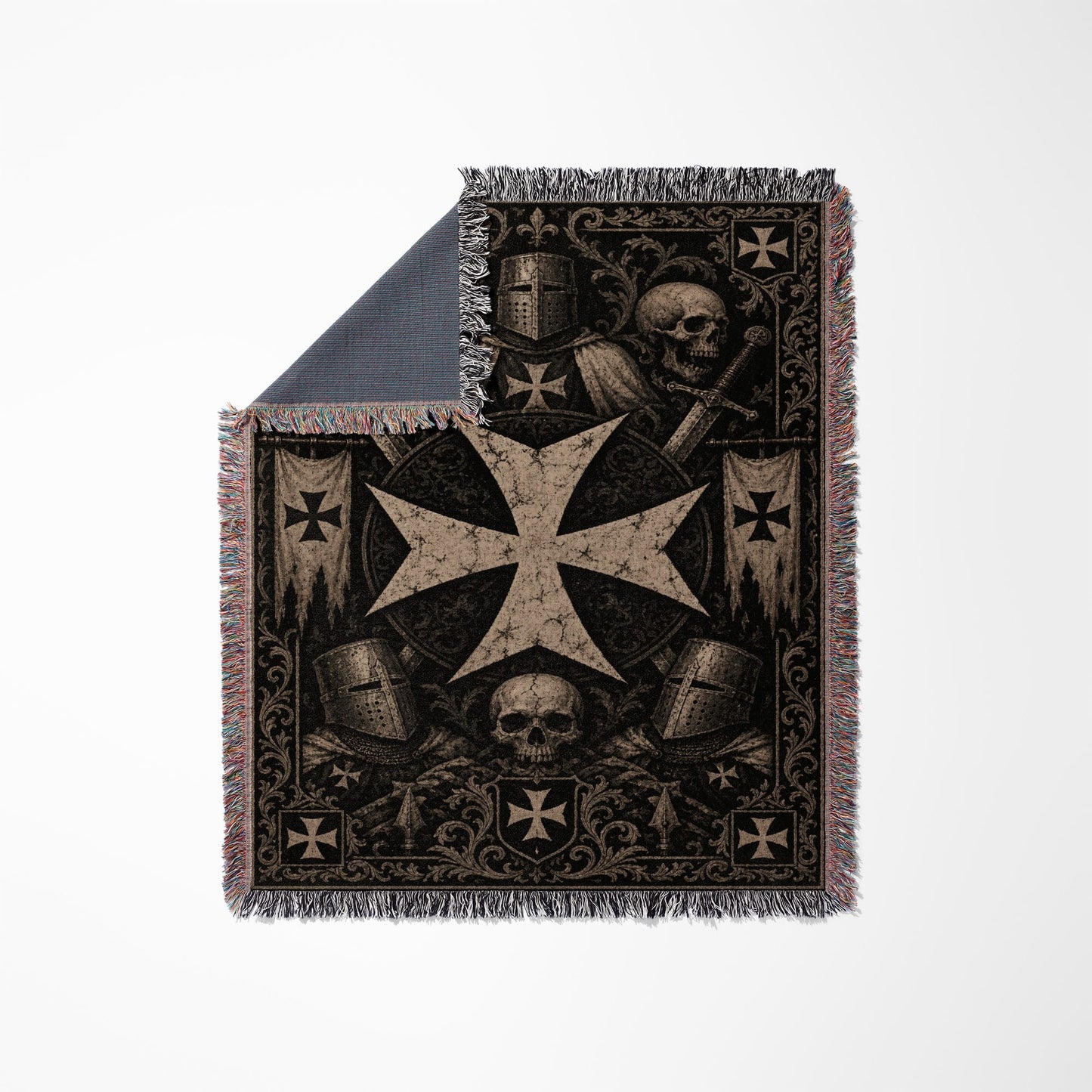 Crusader knight's templar cross with skulls, swords, and banners on a throw blanket.