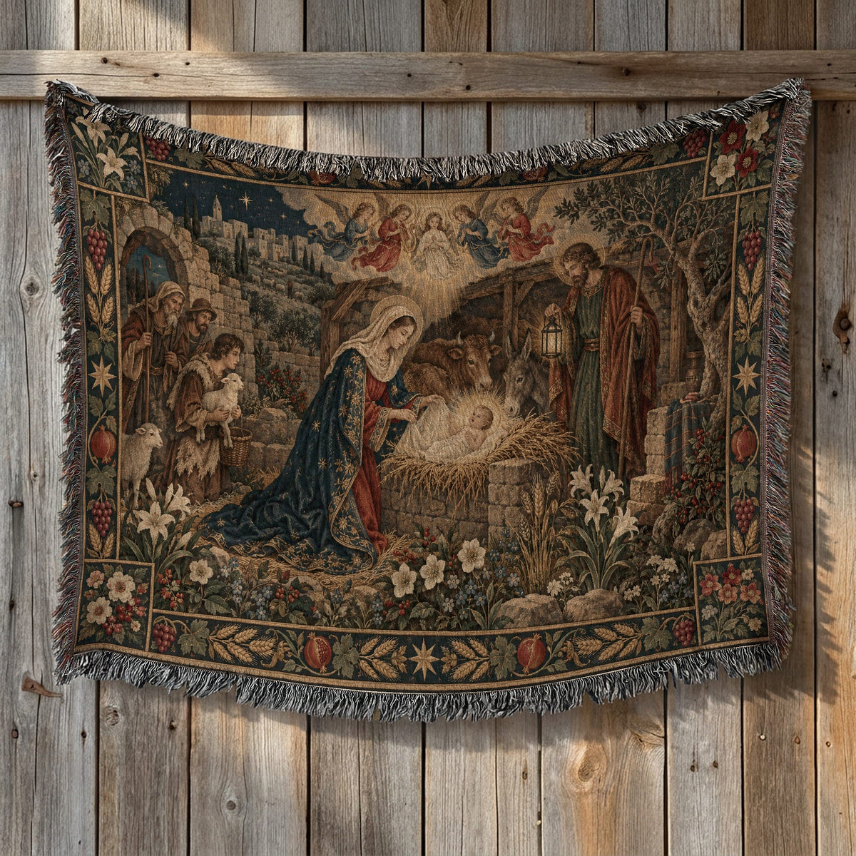 A woven blanket featuring a Nativity scene with Mary, Joseph, baby Jesus, and shepherds against a rustic wooden wall.