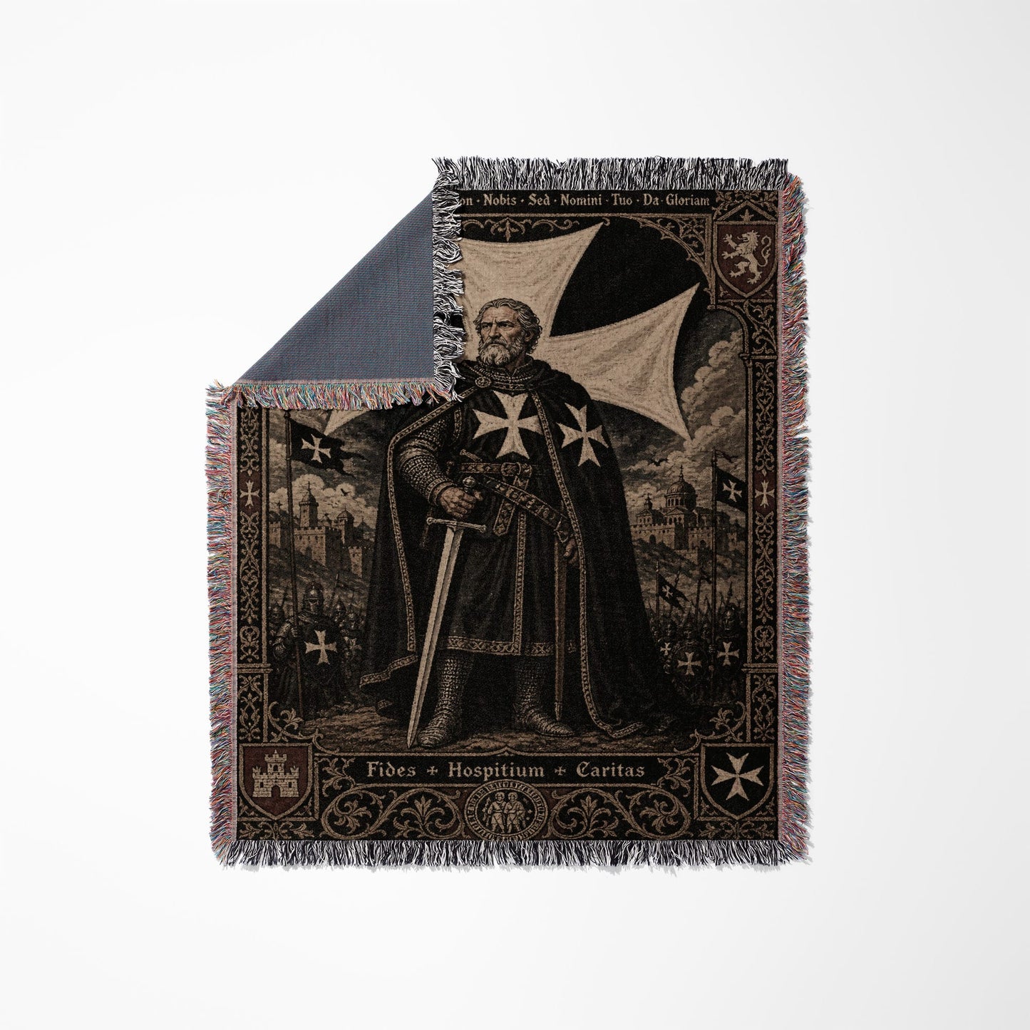 Tapestry featuring a knight in armor with sword and shield.