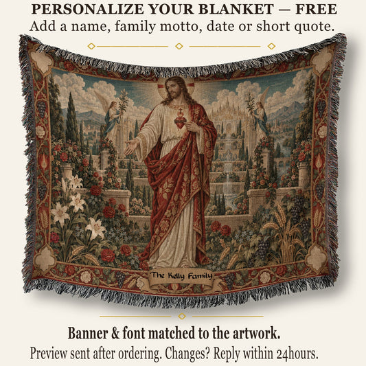 CalmNestStyle Sacred Heart of Jesus in the Heavenly Garden jacquard woven blanket