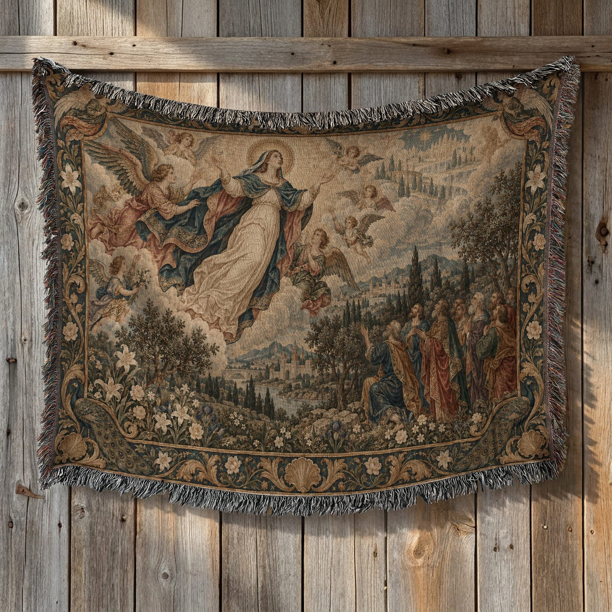A woven blanket depicting a religious scene hangs against a vertical wooden wall.