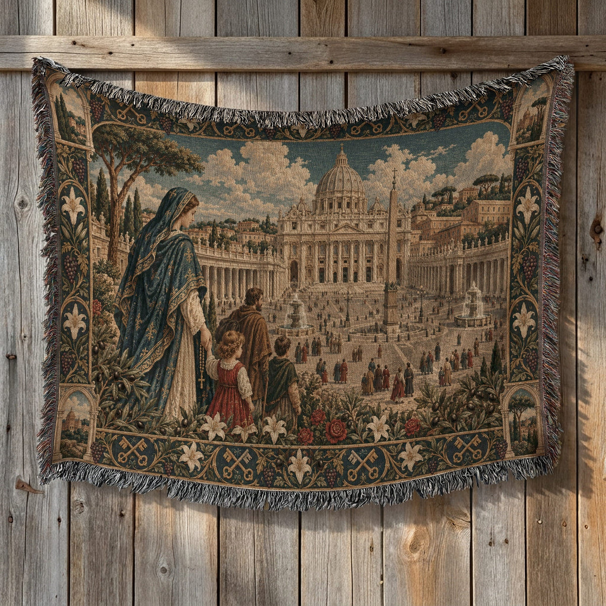 Fringed woven tapestry hanging on a wooden wall, depicting Saint Peter's Basilica with figures in the foreground.