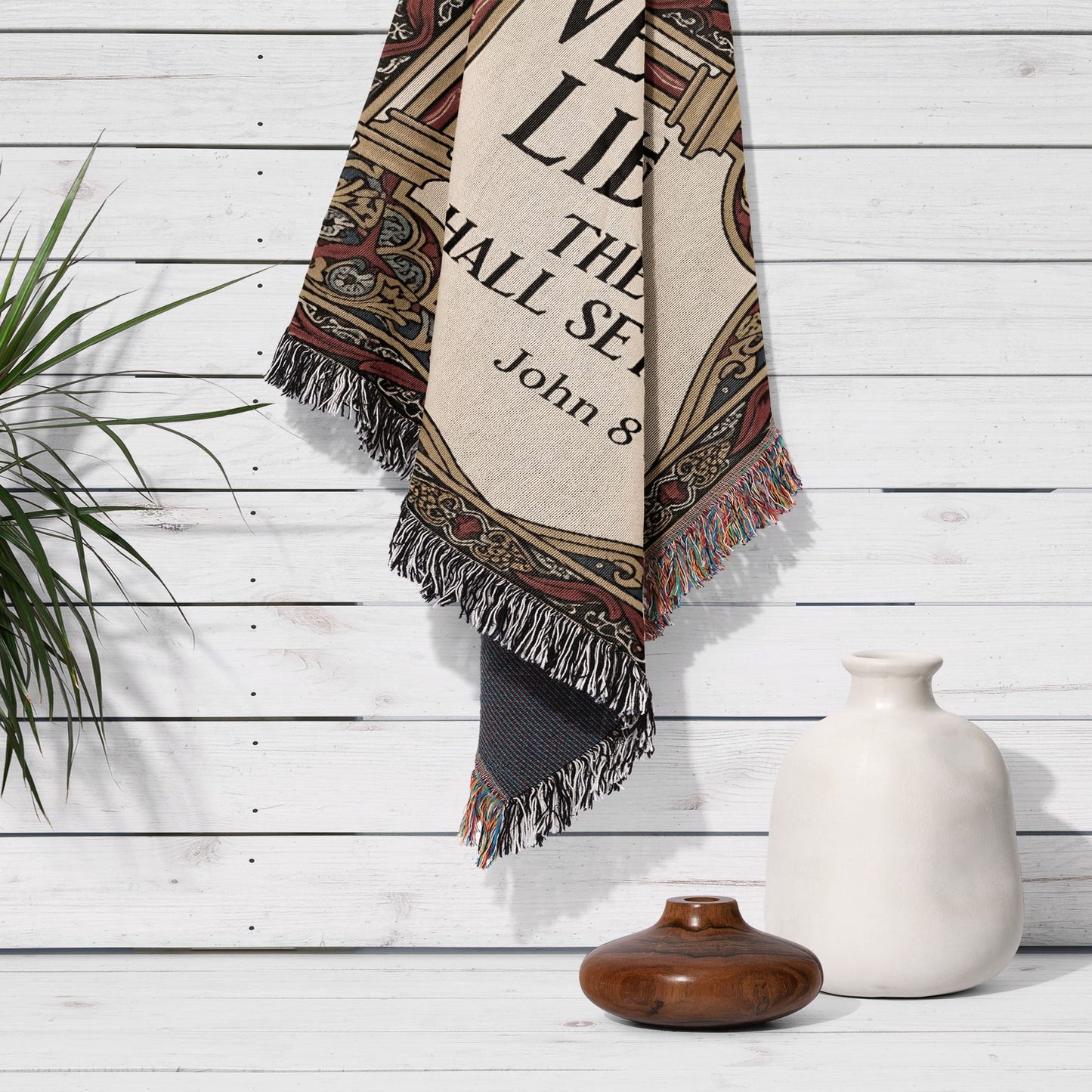 Tapestry featuring "LIVE THE HALL SECT" and "John 8", with decorative border.