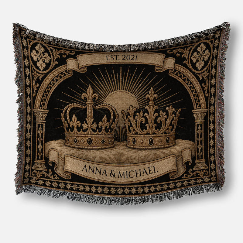 Tapestry with two crowns, EST. 2021, and ANNA & MICHAEL.