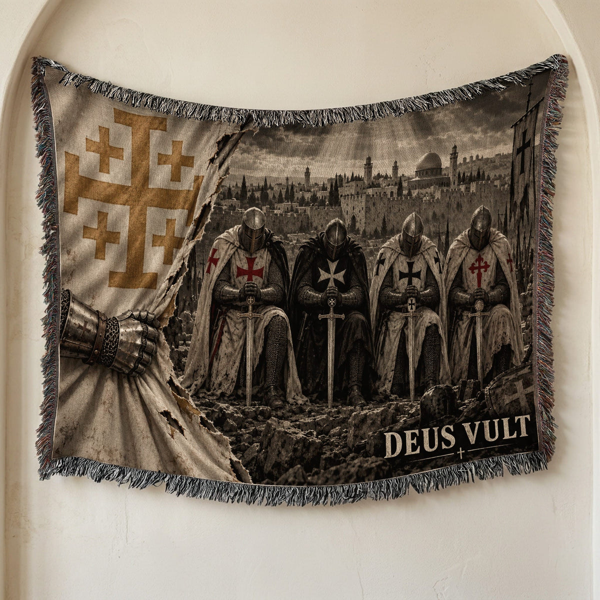 CalmNestStyle Crusader Knights Kneeling Before Jerusalem Woven Blanket jacquard woven blanket
