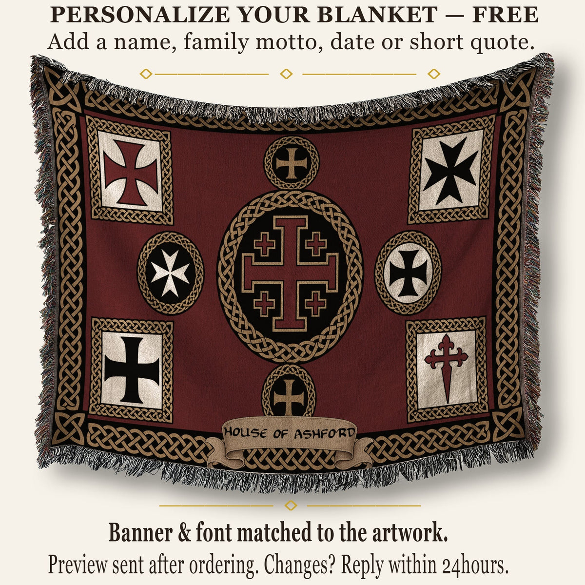 MyDesigns Medieval Tapestry Blanket – Jerusalem Cross Heraldic Medallion Woven Throw jacquard woven blanket