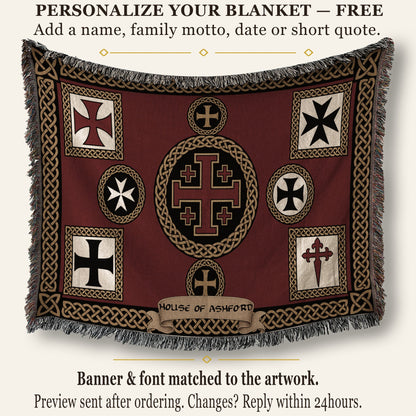 MyDesigns Medieval Tapestry Blanket – Jerusalem Cross Heraldic Medallion Woven Throw jacquard woven blanket