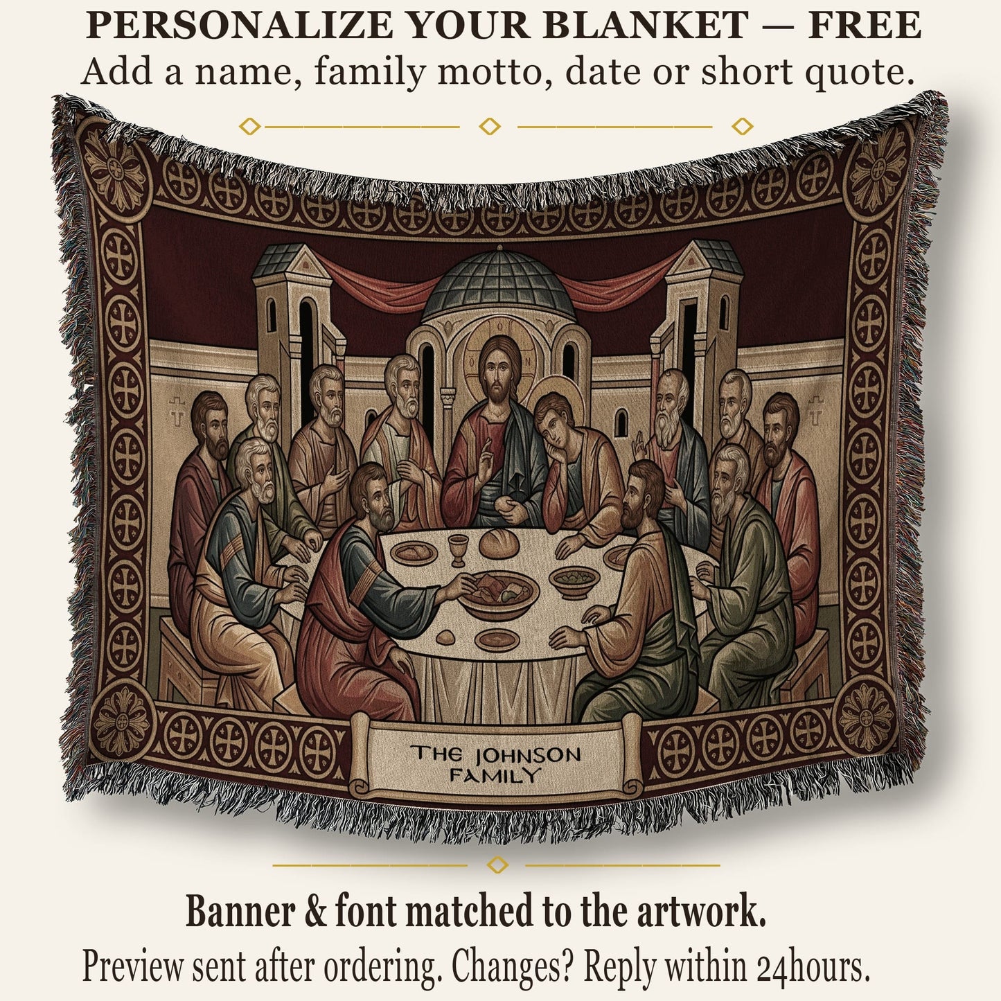 MyDesigns Mystical Supper Horizontal Tapestry - Red Cream Orthodox Icon jacquard woven blanket