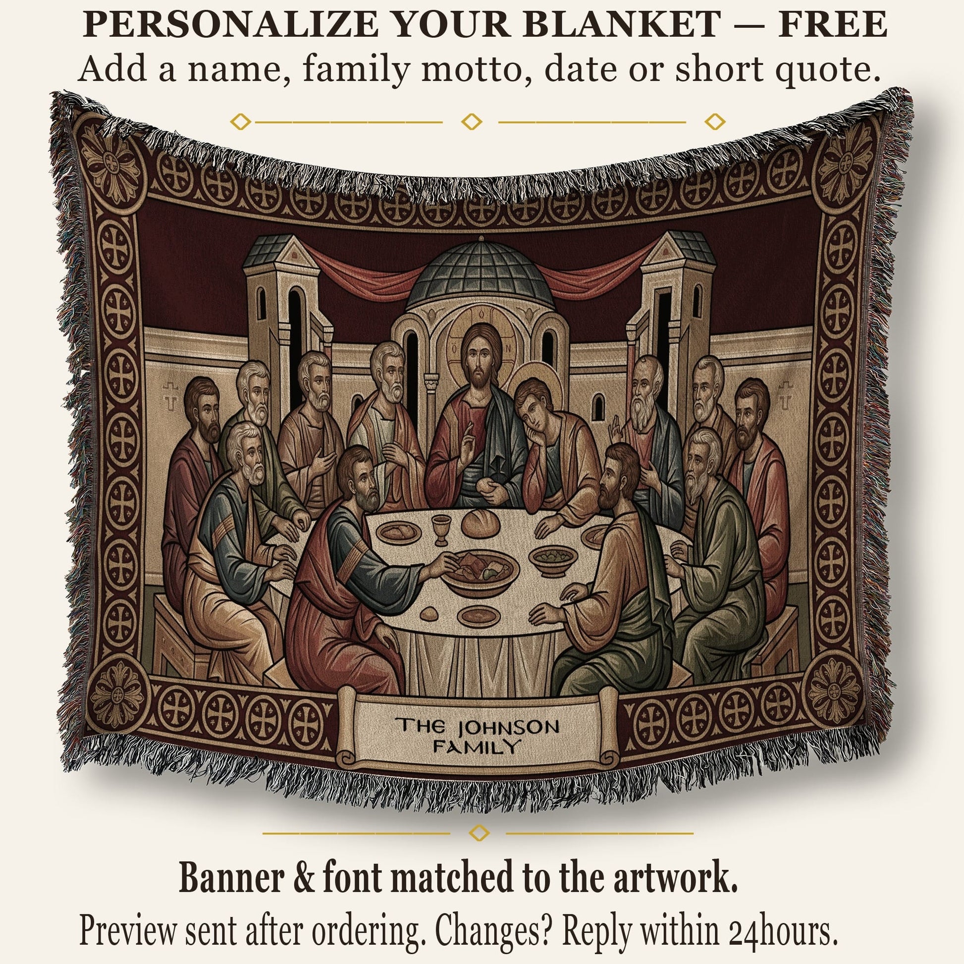 MyDesigns Mystical Supper Horizontal Tapestry - Red Cream Orthodox Icon jacquard woven blanket