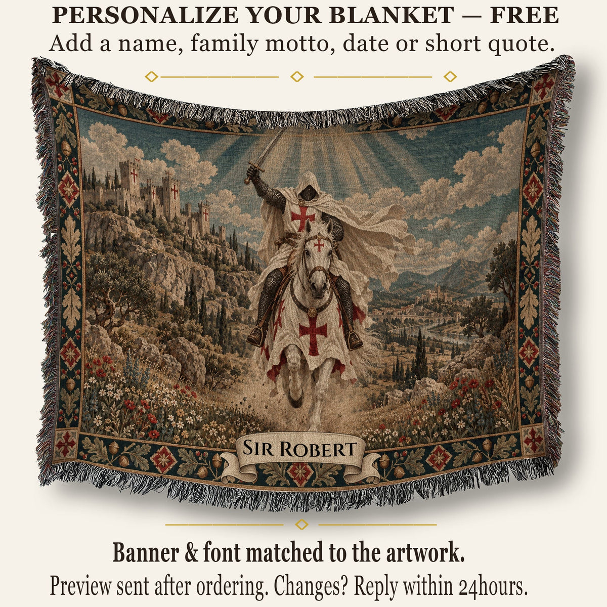 CalmNestStyle The Templar Charge Knight on a White Horse jacquard woven blanket