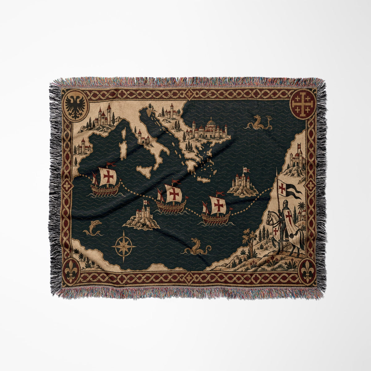 CalmNestStyle Crusader Sea Route Map I Knight with Banner jacquard woven blanket