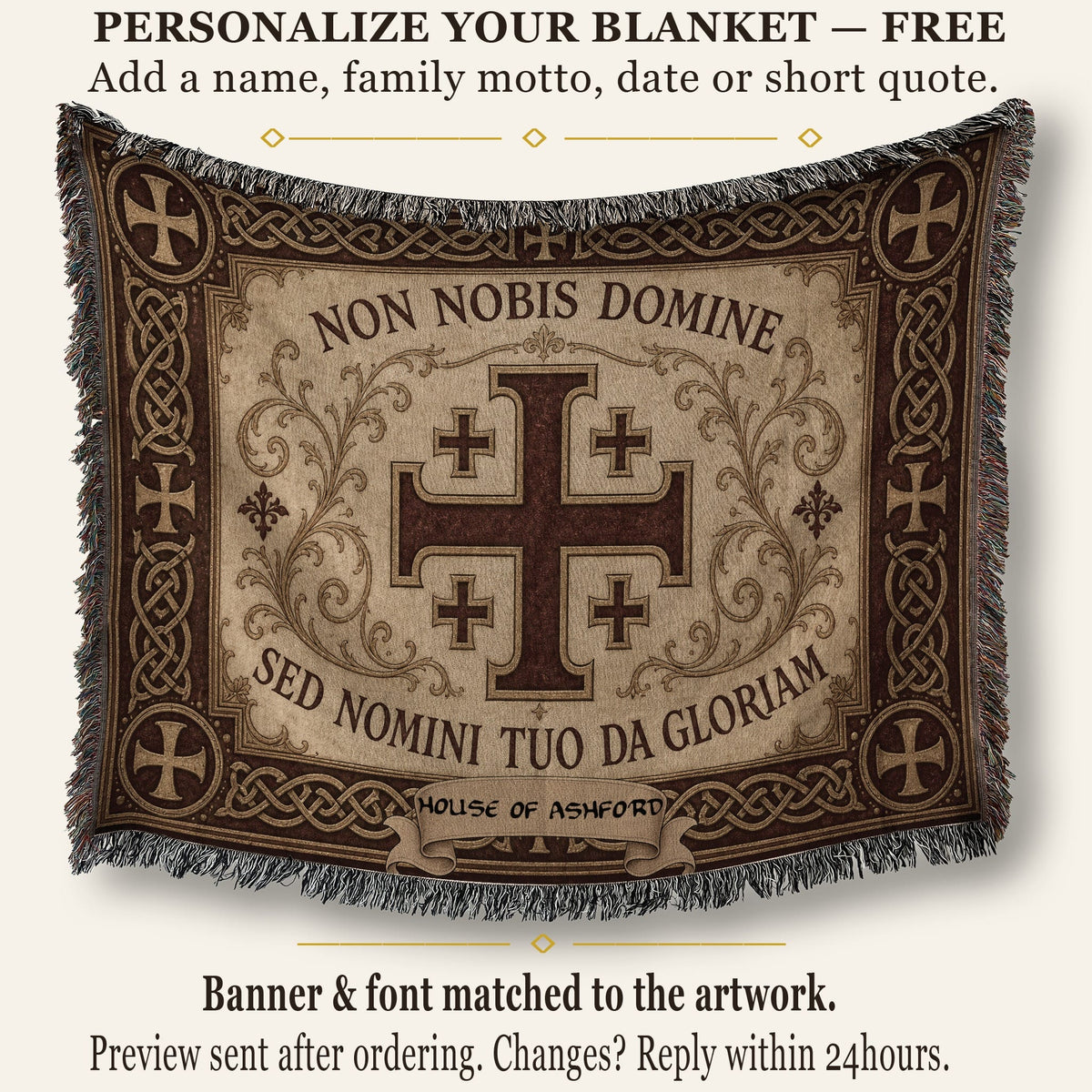 MyDesigns Medieval Tapestry Woven Throw – Non Nobis Domine Sed Nomini Tuo Blanket, Ivory Parchment jacquard woven blanket
