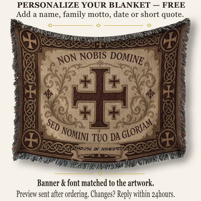 MyDesigns Medieval Tapestry Woven Throw – Non Nobis Domine Sed Nomini Tuo Blanket, Ivory Parchment jacquard woven blanket