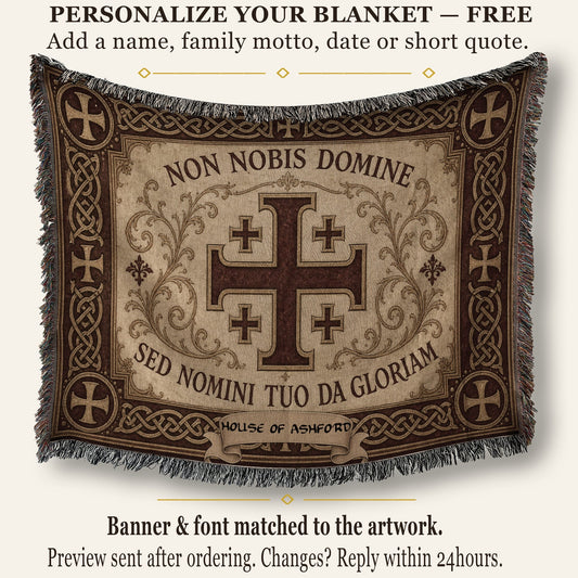 MyDesigns Medieval Tapestry Woven Throw – Non Nobis Domine Sed Nomini Tuo Blanket, Ivory Parchment jacquard woven blanket