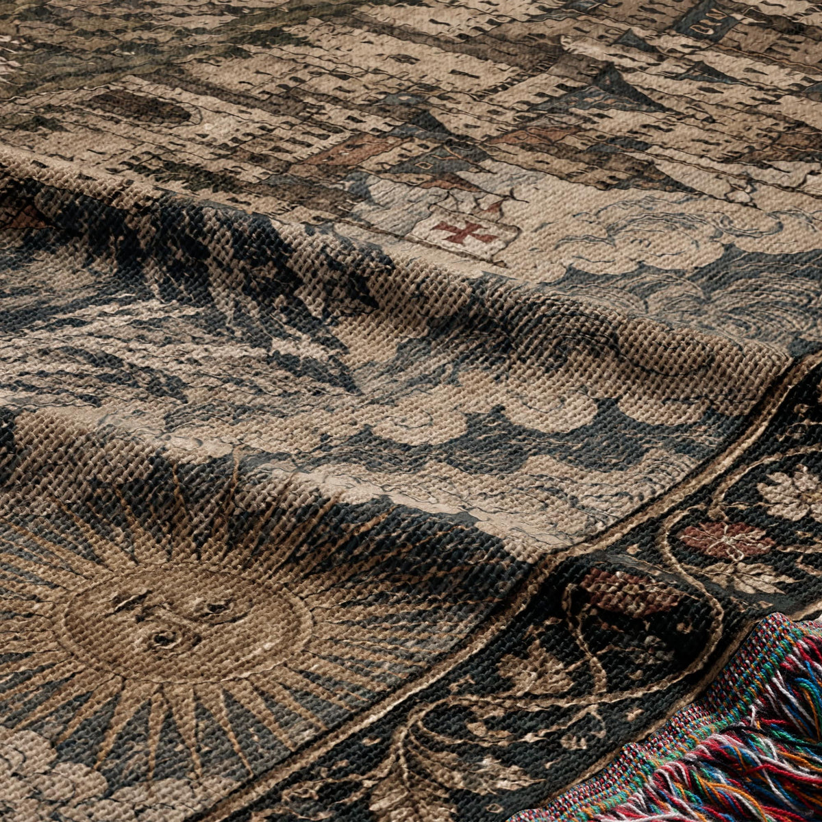 MyDesigns Medieval Castle Tapestry Woven Blanket – Templar Banners Mountain Fortress, Golden jacquard woven blanket