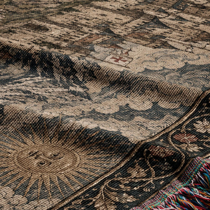 MyDesigns Medieval Castle Tapestry Woven Blanket – Templar Banners Mountain Fortress, Golden jacquard woven blanket