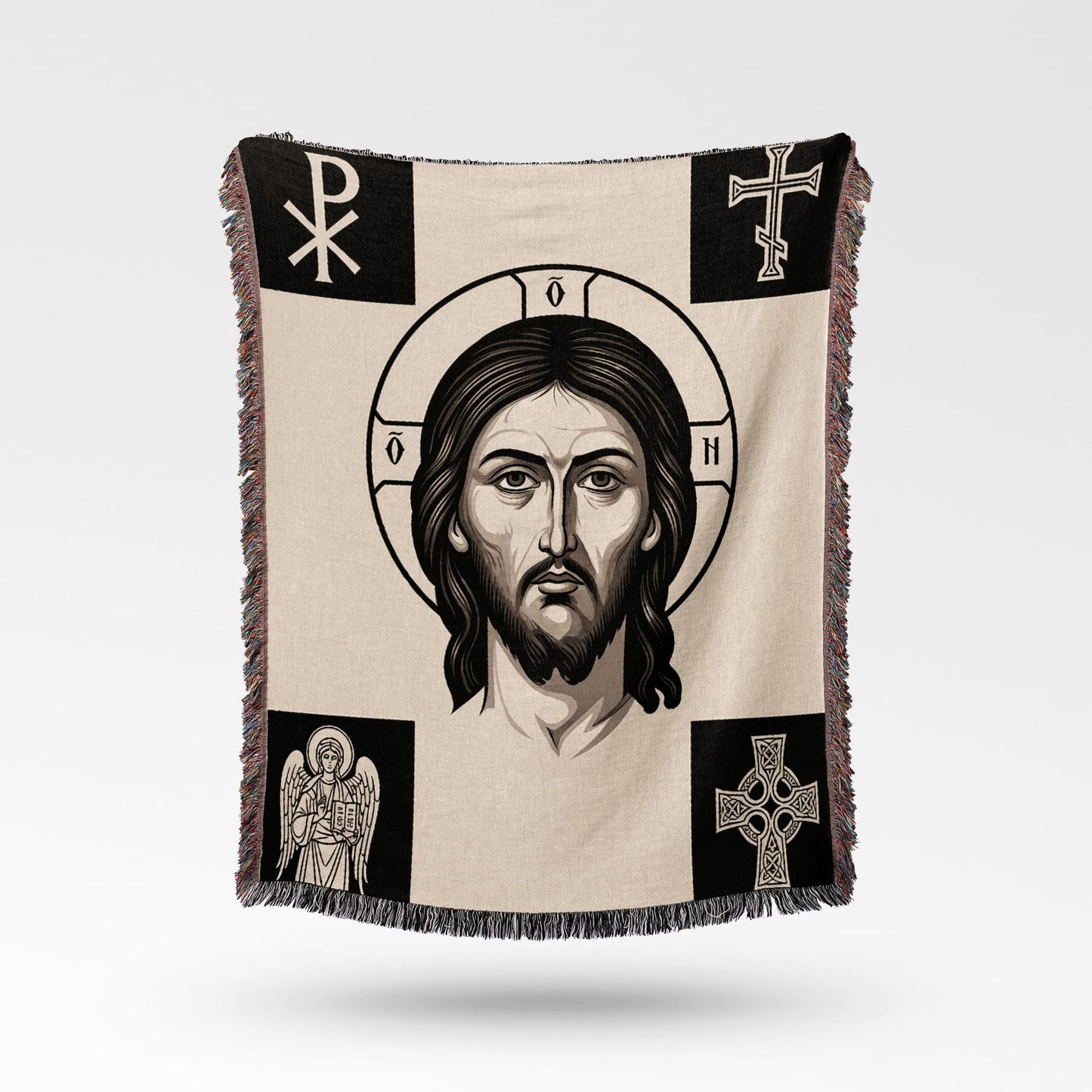 Tapestry featuring a portrait of Jesus surrounded by Christian symbols.