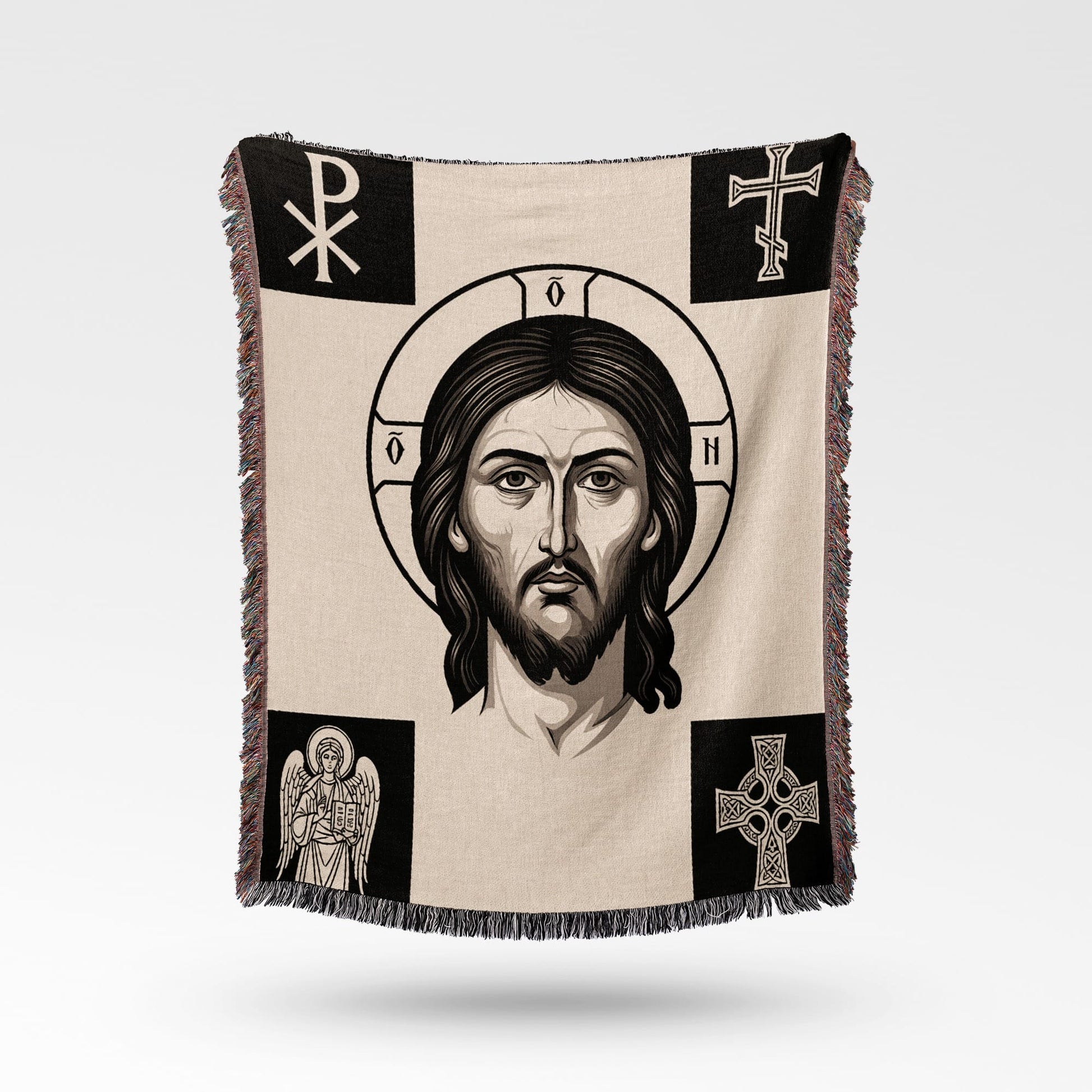 Tapestry featuring a portrait of Jesus surrounded by Christian symbols.