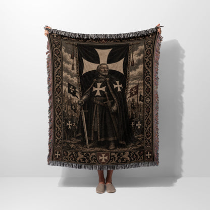 Tapestry blanket featuring a Templar knight with swords and banners.