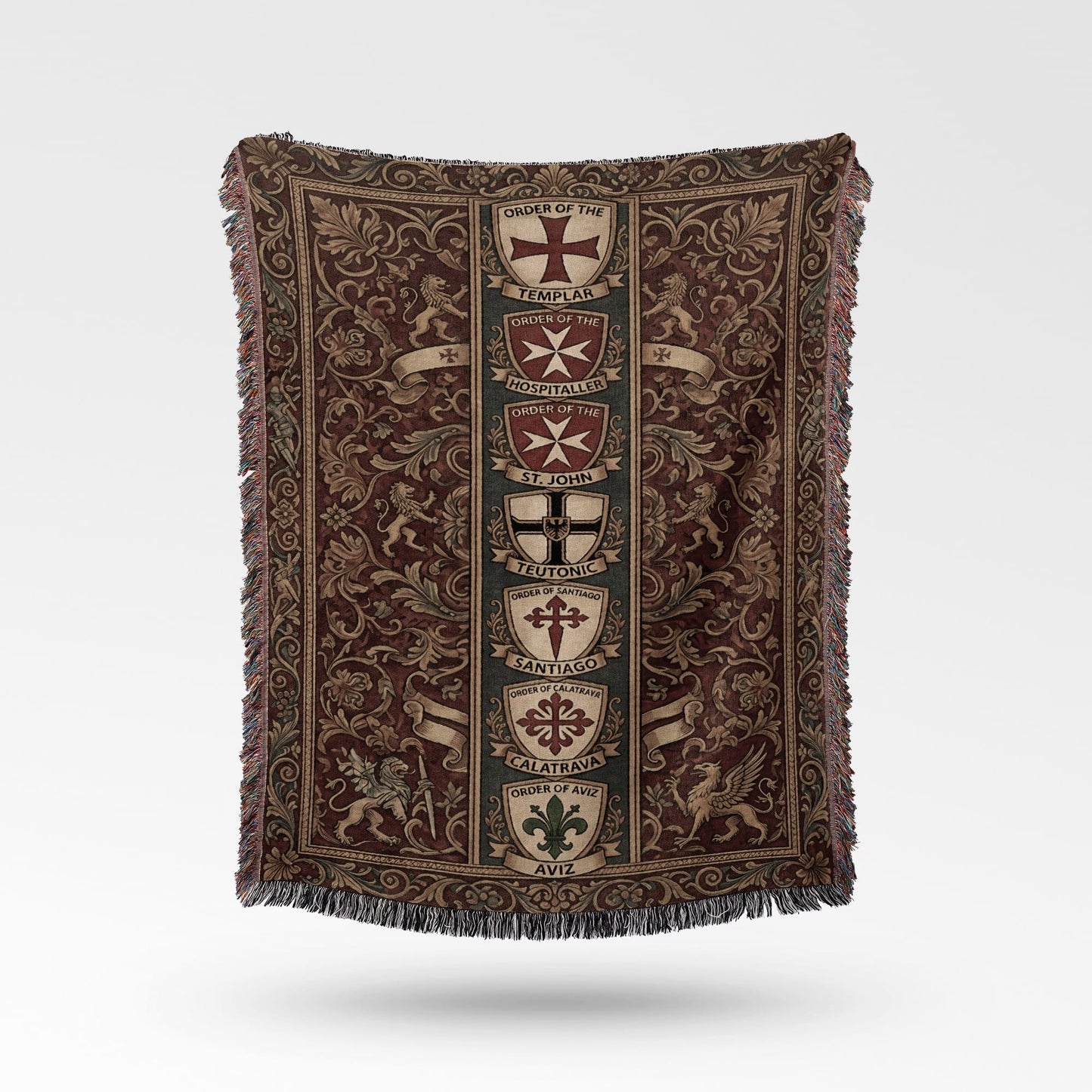 Tapestry blanket with medieval crests including Templar, Hospitaller, Teutonic, Santiago, Calatrava, and Aviz orders.