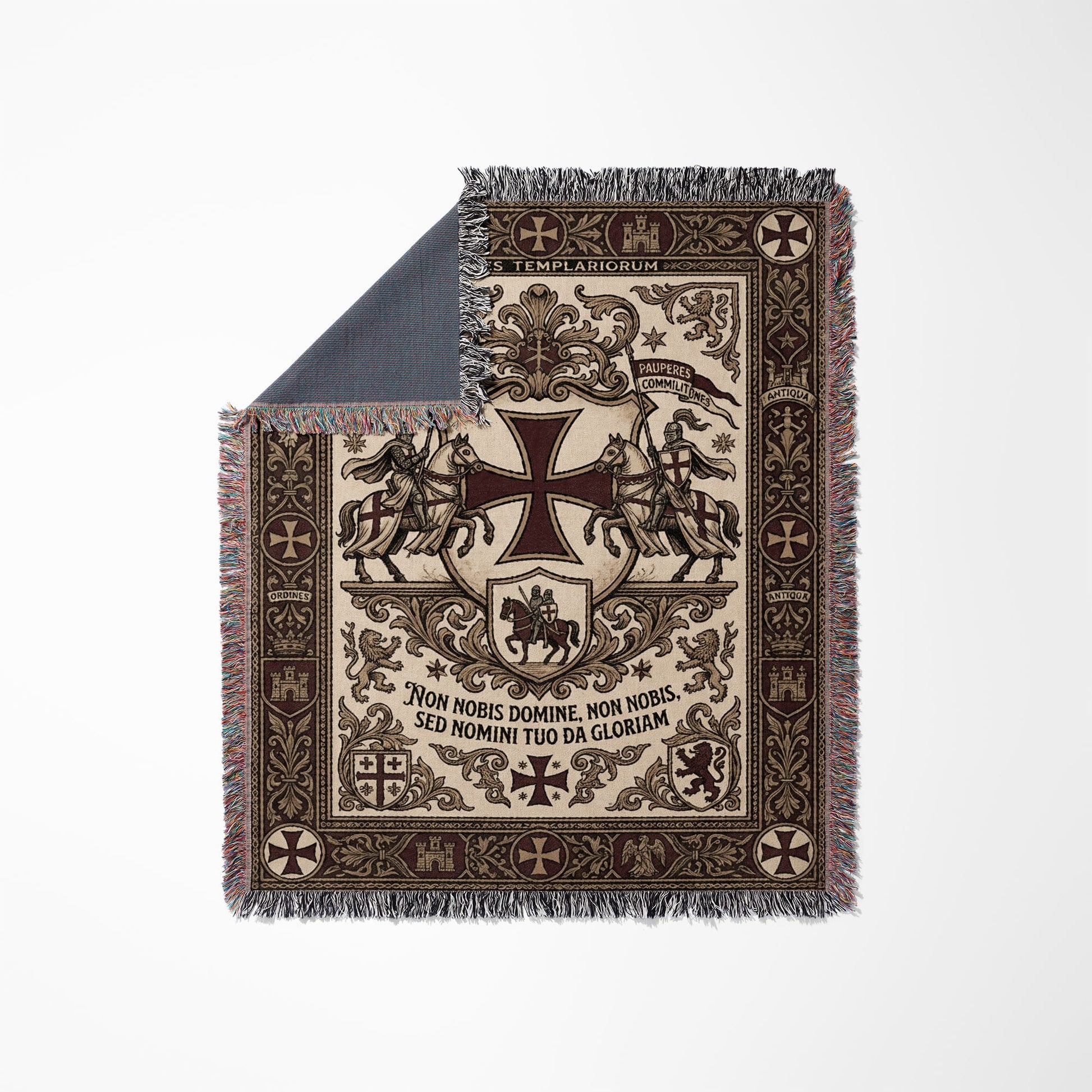 Woven blanket with medieval Templar crest, knights on horseback, and Latin text.