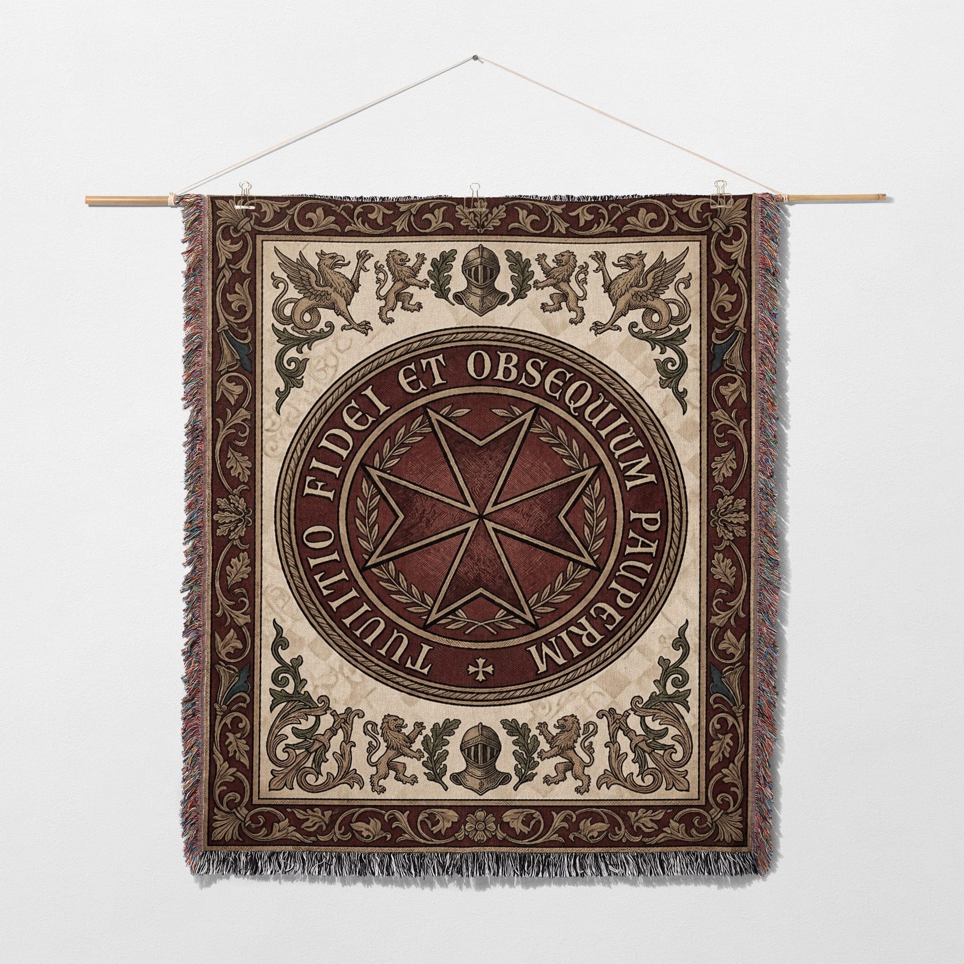 Tapestry with Maltese cross, lions, griffins, and Latin text.