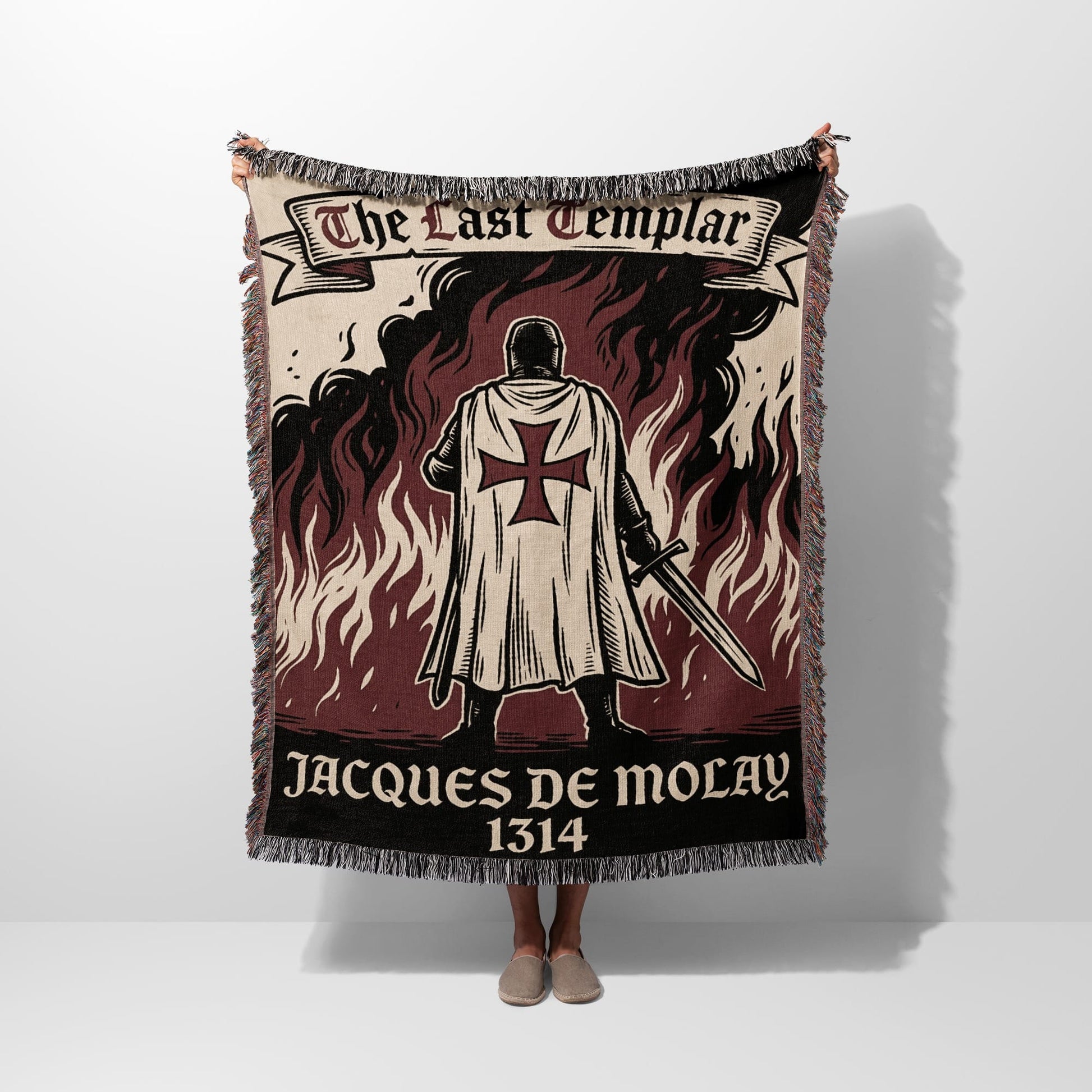 Tapestry with The Last Templar and Jacques de Molay 1314 text.