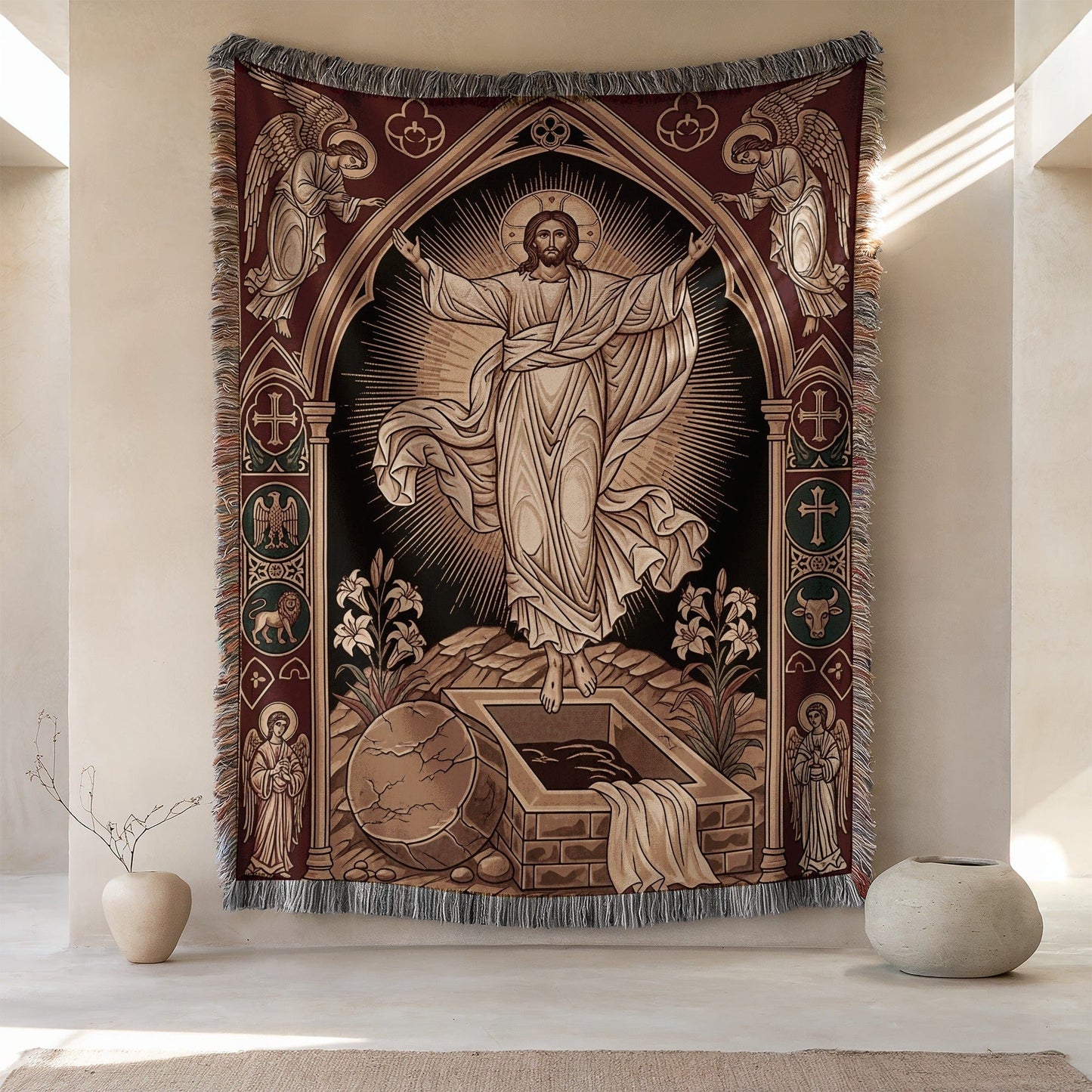 Sacred Resurrection Tapestry with Religious Art Design